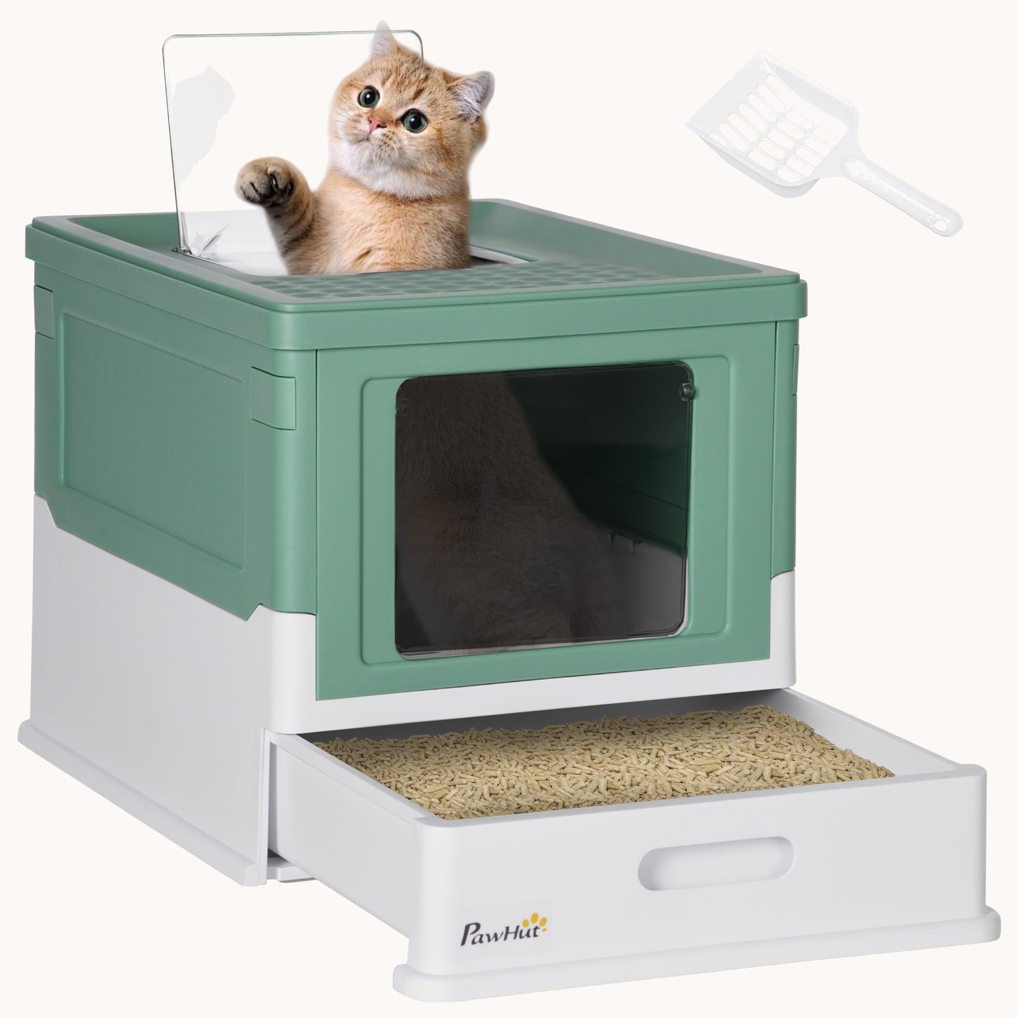 Foldable Hooded Cat Litter Box Smell-Proof Dual Entry Green