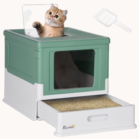 Foldable Hooded Cat Litter Box Smell-Proof Dual Entry Green