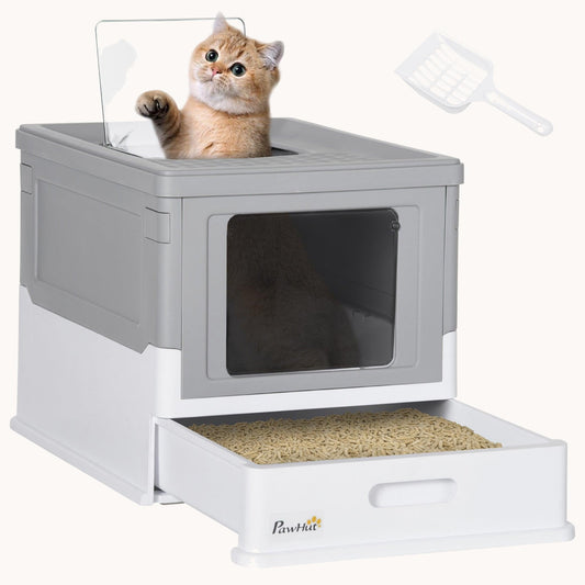 Hooded Cat Litter Box with Tray, Foldable Smell-Proof Design & Dual Entry, Gray