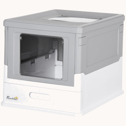 Hooded Cat Litter Box with Tray, Foldable Smell-Proof Design & Dual Entry, Gray