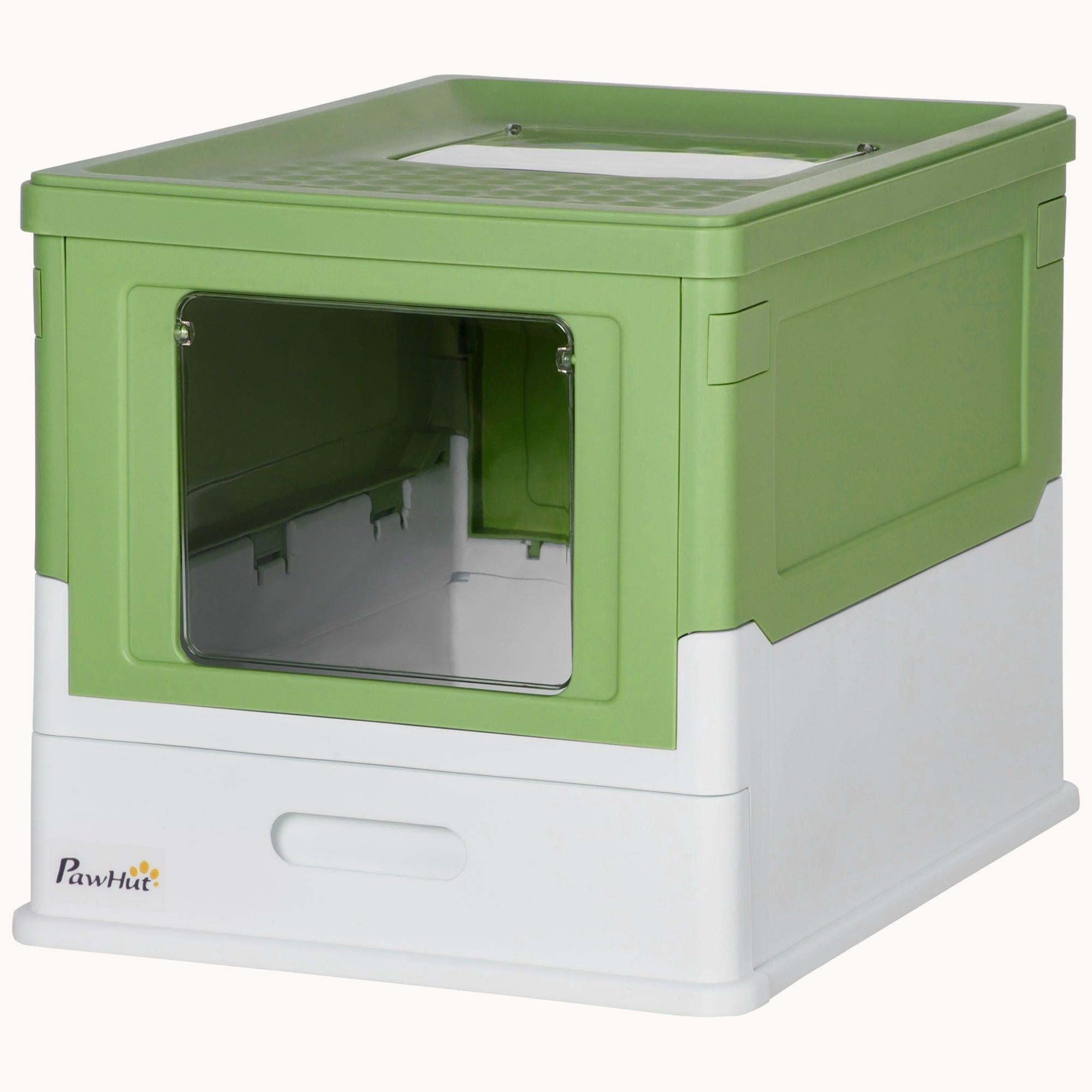 Hooded Cat Litter Box with Tray, Foldable Smell-Proof Design & Dual Entry, Yellow & Green