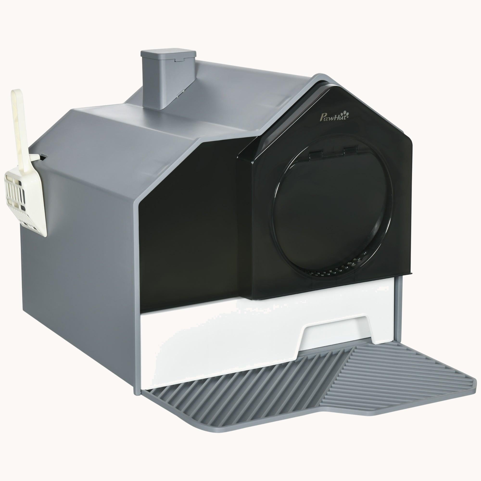 Hooded Cat Litter Box with Odor Control & Easy-Clean Pull-Out Drawer, Gray