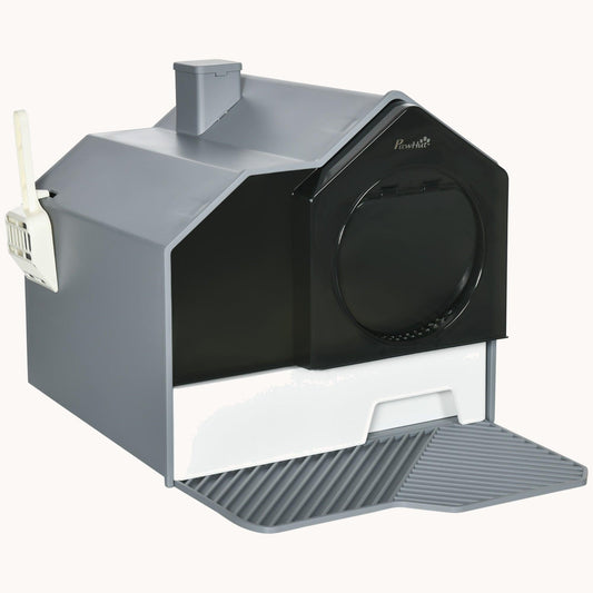 Hooded Cat Litter Box with Odor Control & Easy-Clean Pull-Out Drawer, Gray