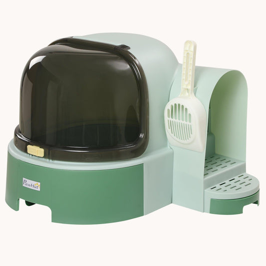 Covered Cat Litter Box with Openable Front Cover, Scoop & Easy Clean Design, Green