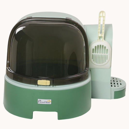 Covered Cat Litter Box with Openable Front Cover, Scoop & Easy Clean Design, Green
