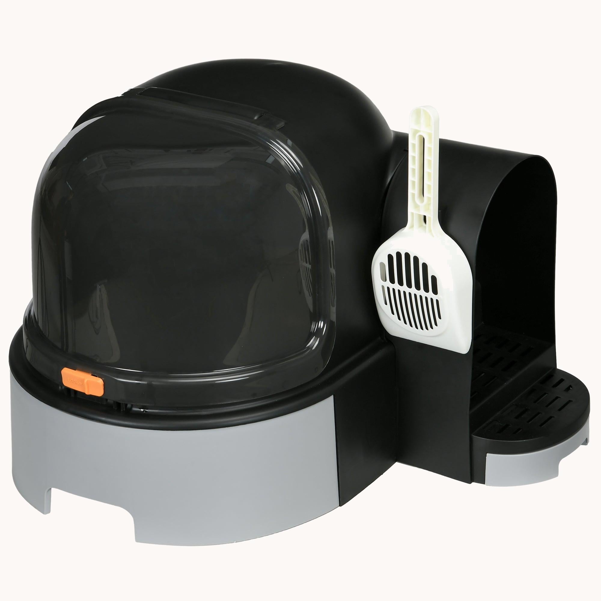 Covered Cat Litter Box with Openable Front Cover, Scoop & Easy Clean Design, Gray