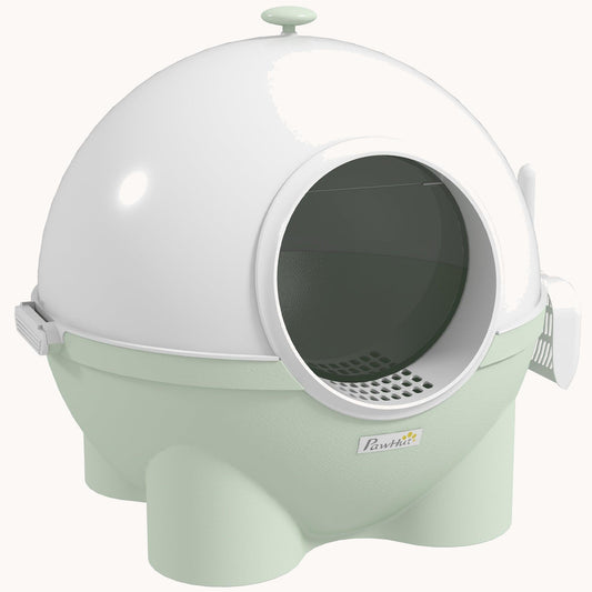 Large Hooded Cat Litter Box with Lid & Leak-Proof Sand Pedal,  Light Green