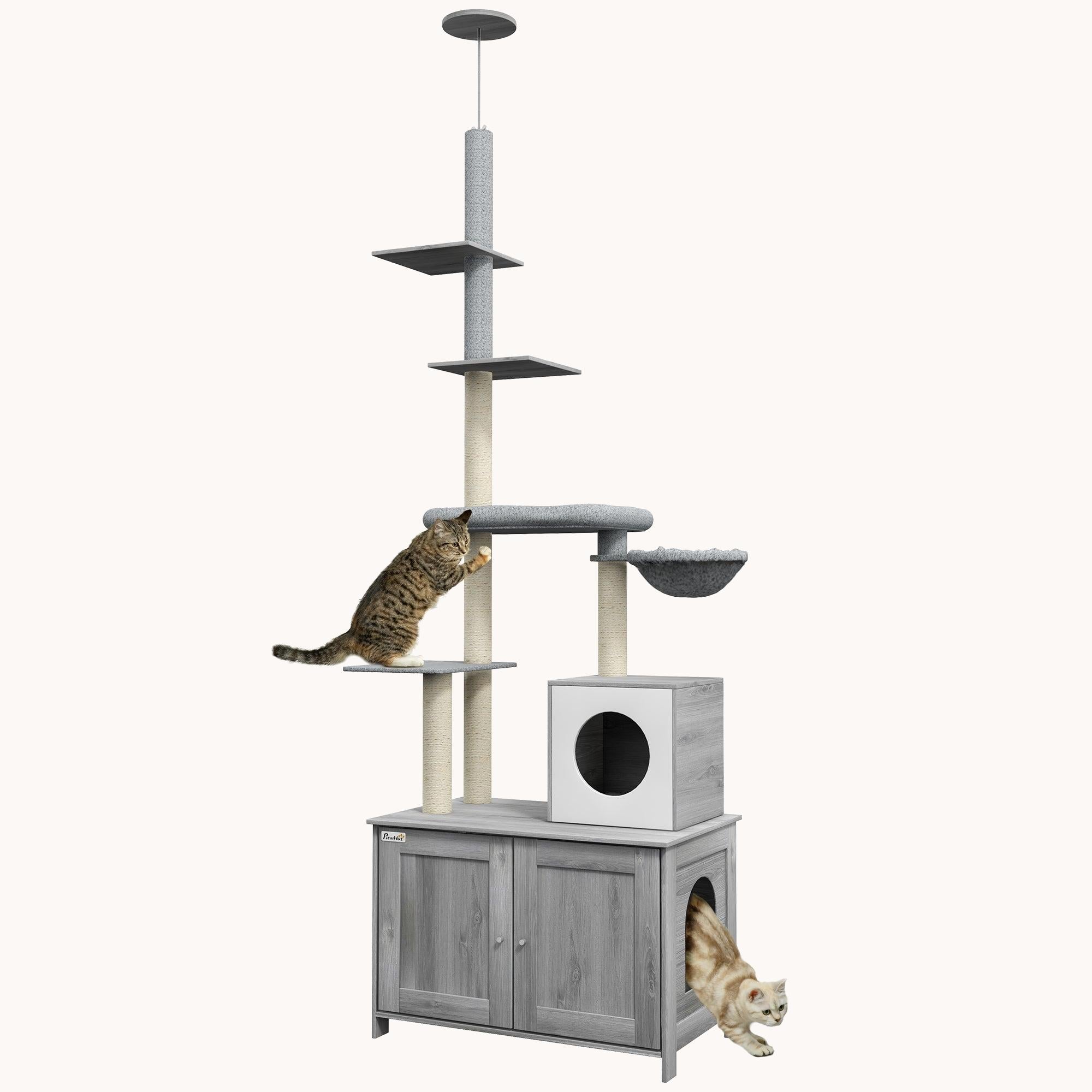 2-in-1 Cat Tower & Litter Box Enclosure with Bed, Condo, Scratching Posts, Gray