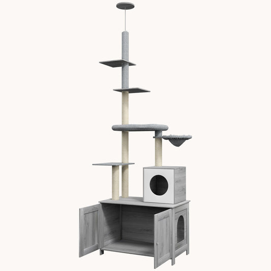 2-in-1 Cat Tower & Litter Box Enclosure with Bed, Condo, Scratching Posts, Gray