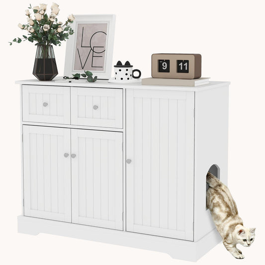 Hidden Litter Box Enclosure End Side Table with Drawers & Storage, 39?±x18?±x31.5?±, White