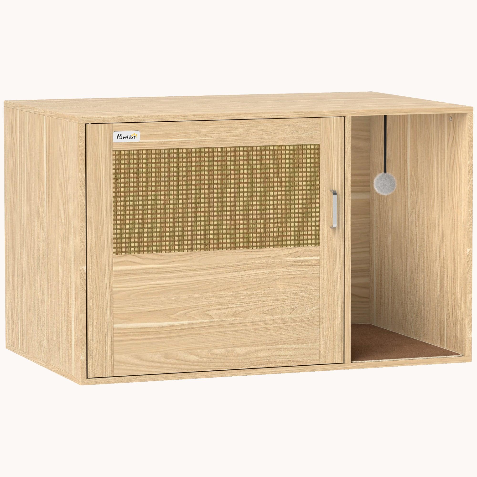 Hidden Cat Litter Box Enclosure with Rattan Door & Scratching Mat, 31.5"x20"x20", Oak