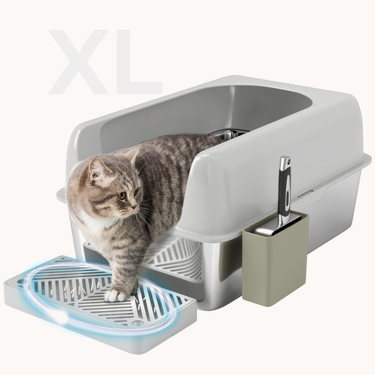 Large Stainless Steel Litter Box with High Sides & Anti-Leak Design, Light Gray
