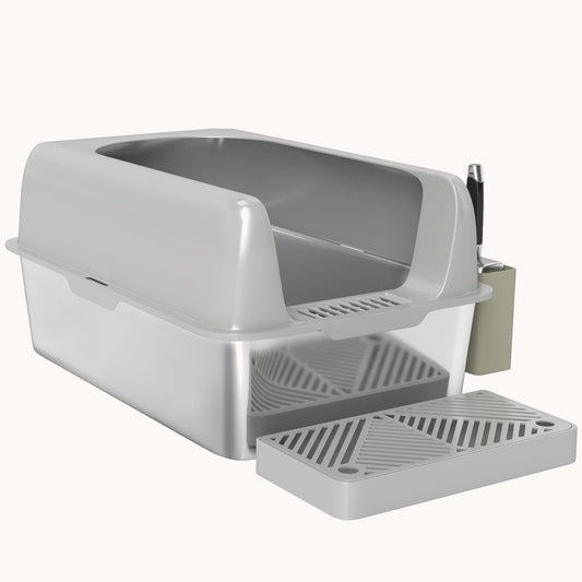 Large Stainless Steel Litter Box with High Sides & Anti-Leak Design, Light Gray