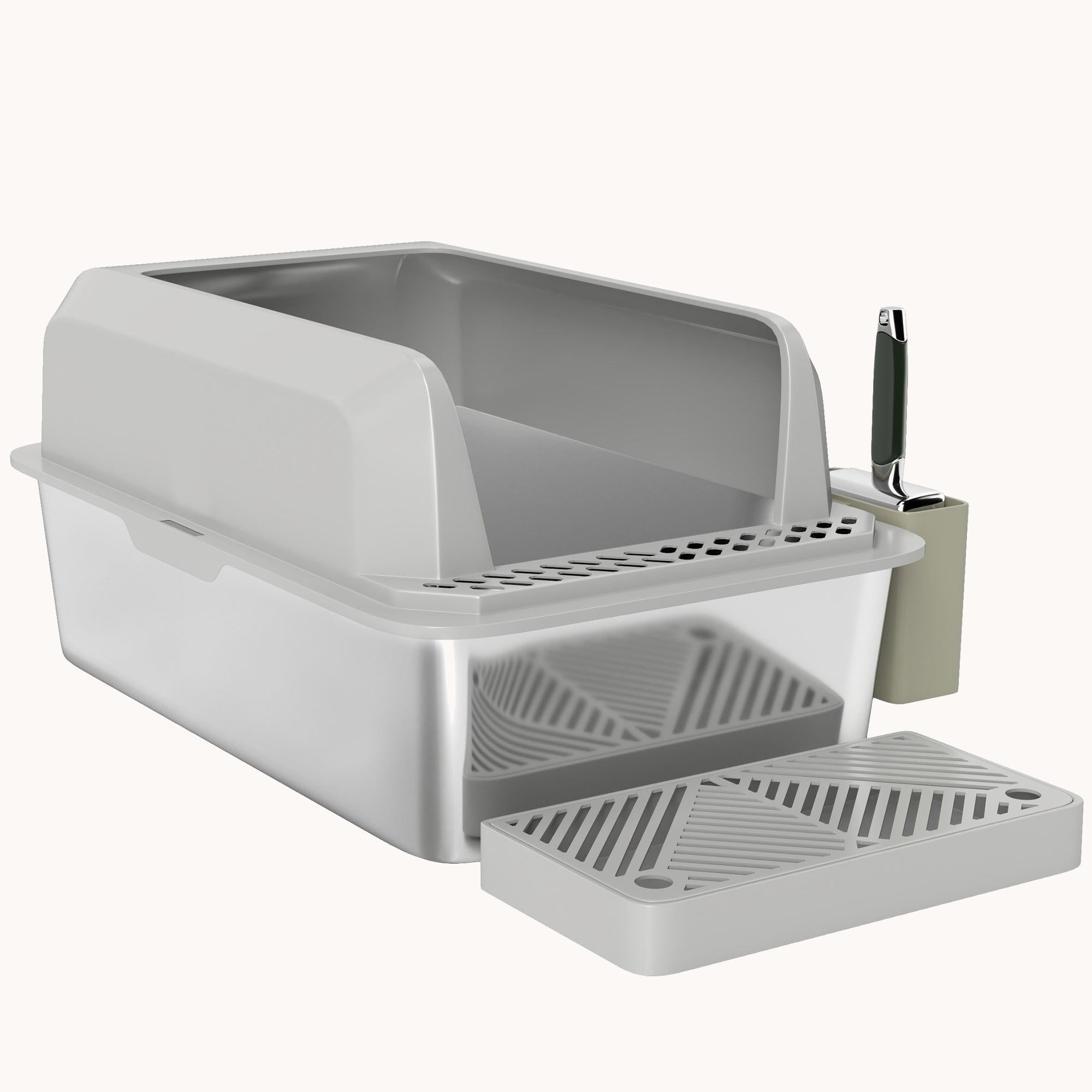 XL Stainless Steel Litter Box with Metal Scoop Holder, Anti-Leak Design, Light Gray
