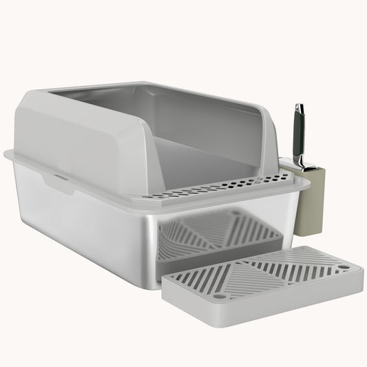 XL Stainless Steel Litter Box with Metal Scoop Holder, Anti-Leak Design, Light Gray
