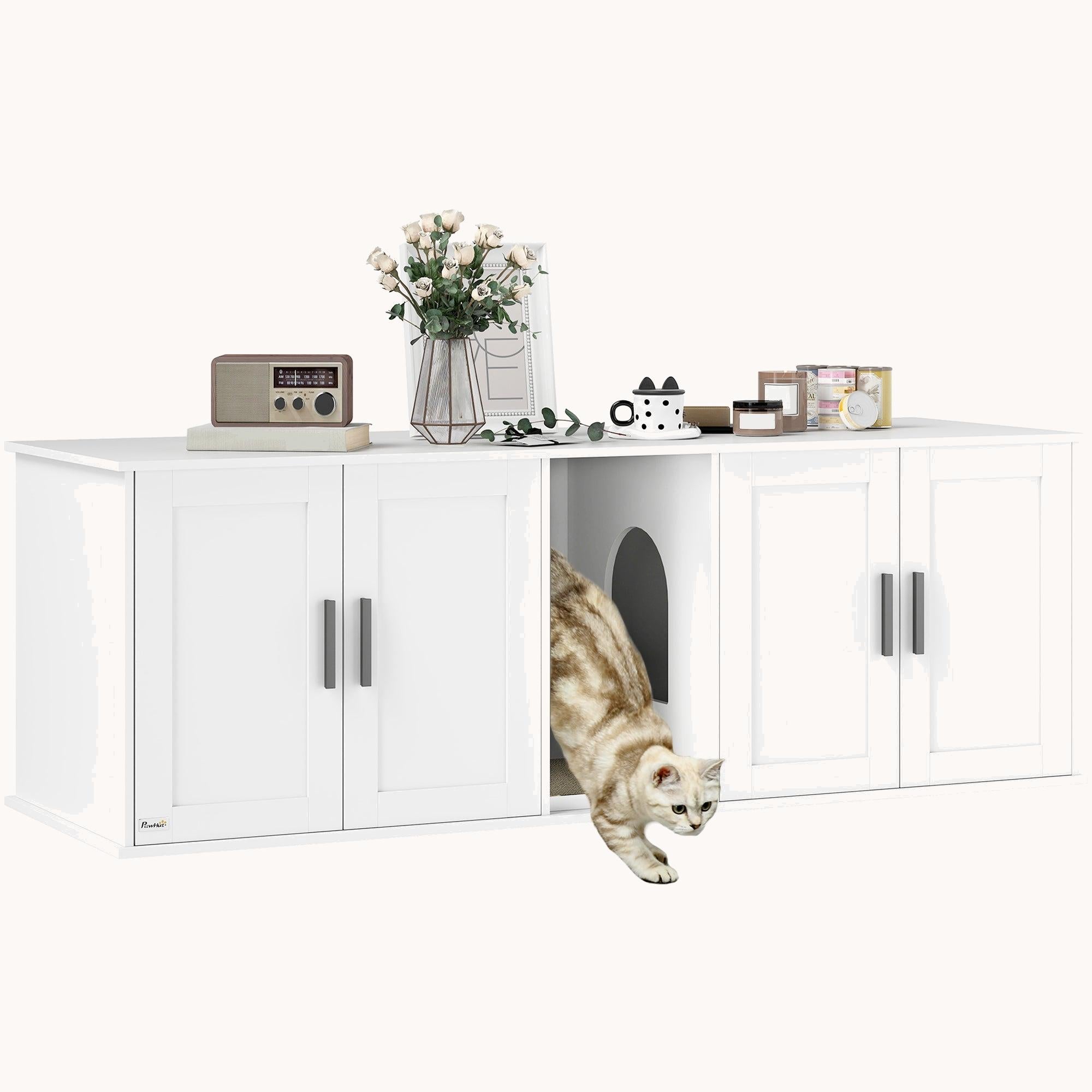 Hidden Cat Litter Box Enclosure for 2 Cats  Double Room with Scratching Mat 57" x 19" x 20", White