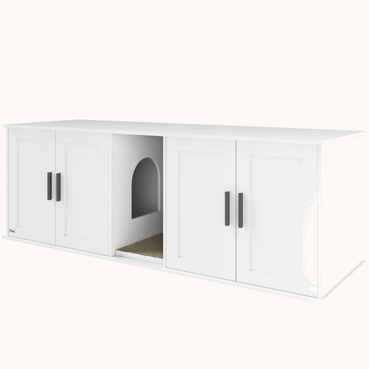 Hidden Cat Litter Box Enclosure for 2 Cats  Double Room with Scratching Mat 57" x 19" x 20", White
