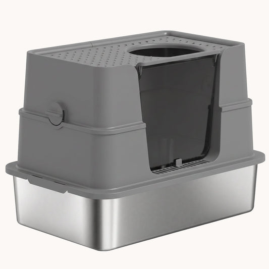 XL Stainless Steel Enclosed Litter Box with 100¡ã Flip Top and Scoop Dark Gray