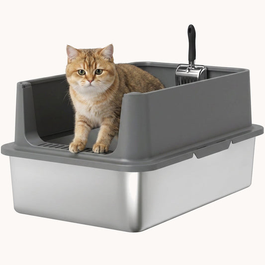 XL Stainless Steel Cat Litter Box High-Sided Includes Scoop & Pad Dark Gray