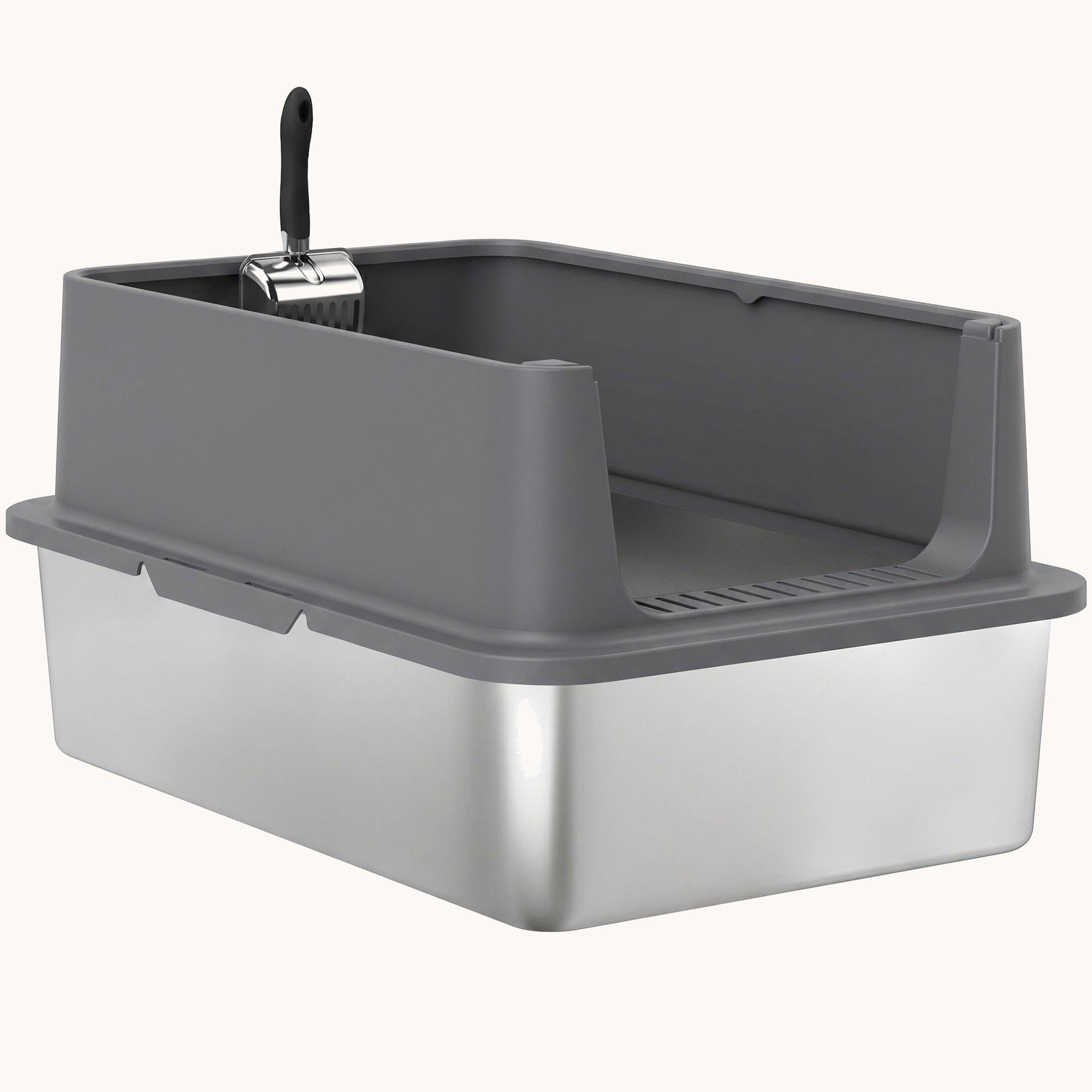 XL Stainless Steel Cat Litter Box High-Sided Includes Scoop & Pad Dark Gray