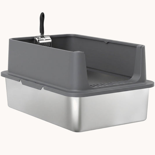 XL Stainless Steel Cat Litter Box High-Sided Includes Scoop & Pad Dark Gray