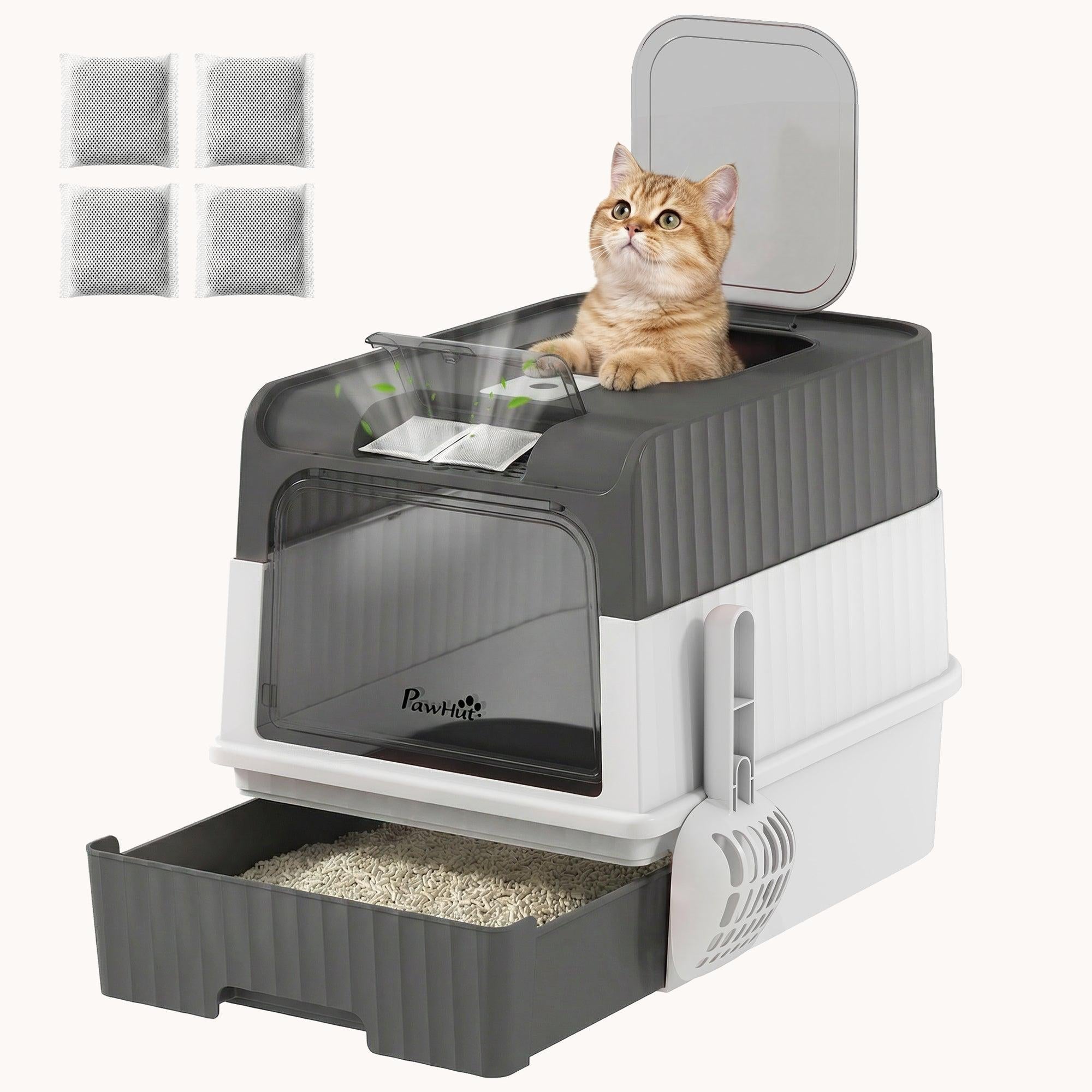 Hooded Cat Litter Box with Drawer, Scoop & Top Exit, Grey