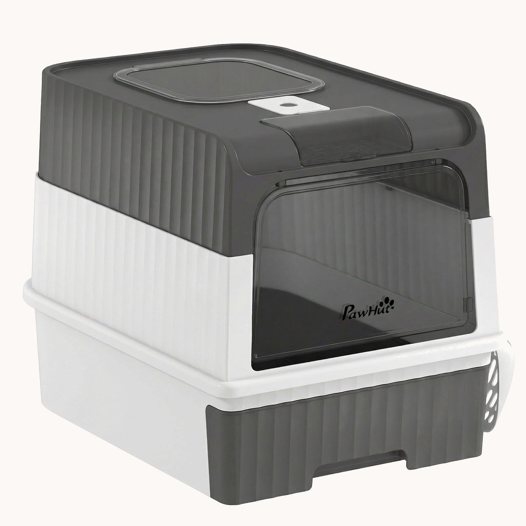 Hooded Cat Litter Box with Drawer, Scoop & Top Exit, Grey