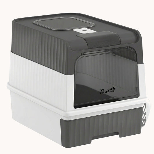 Hooded Cat Litter Box with Drawer, Scoop & Top Exit, Grey