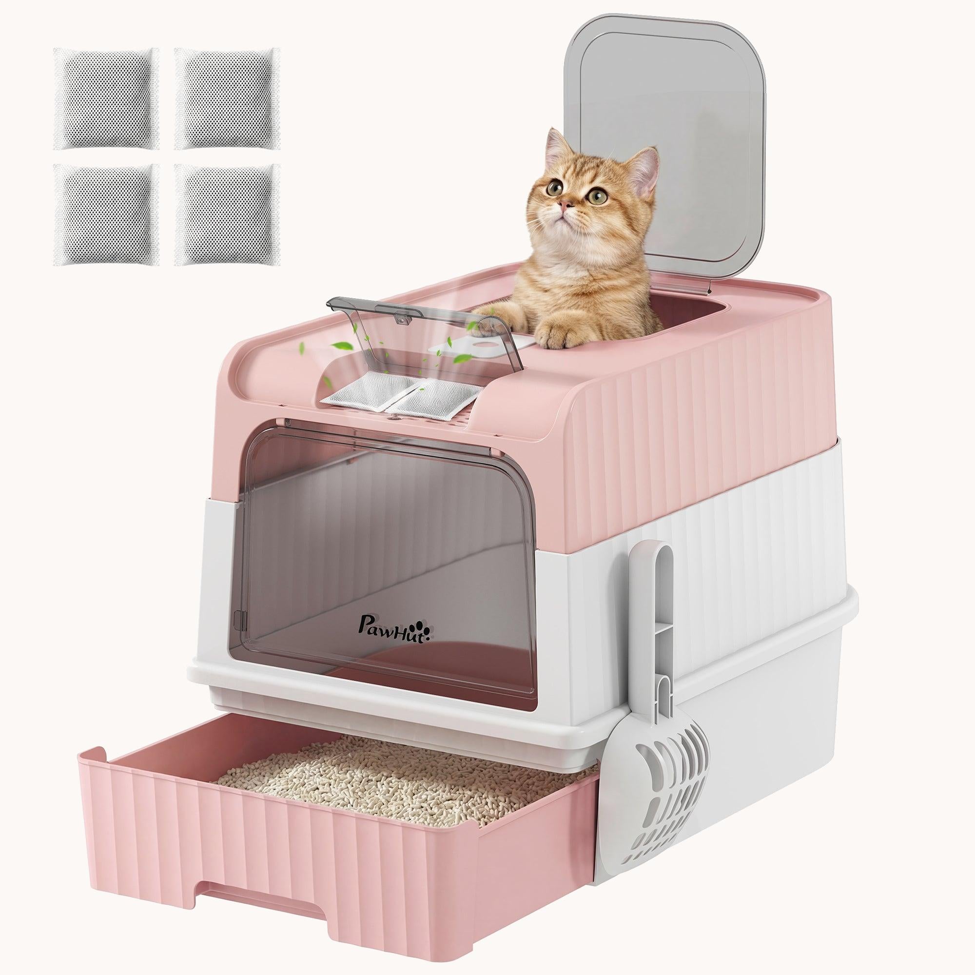 Hooded Cat Litter Box with Drawer, Scoop & Top Exit, Pink