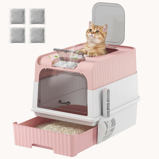 Hooded Cat Litter Box with Drawer, Scoop & Top Exit, Pink