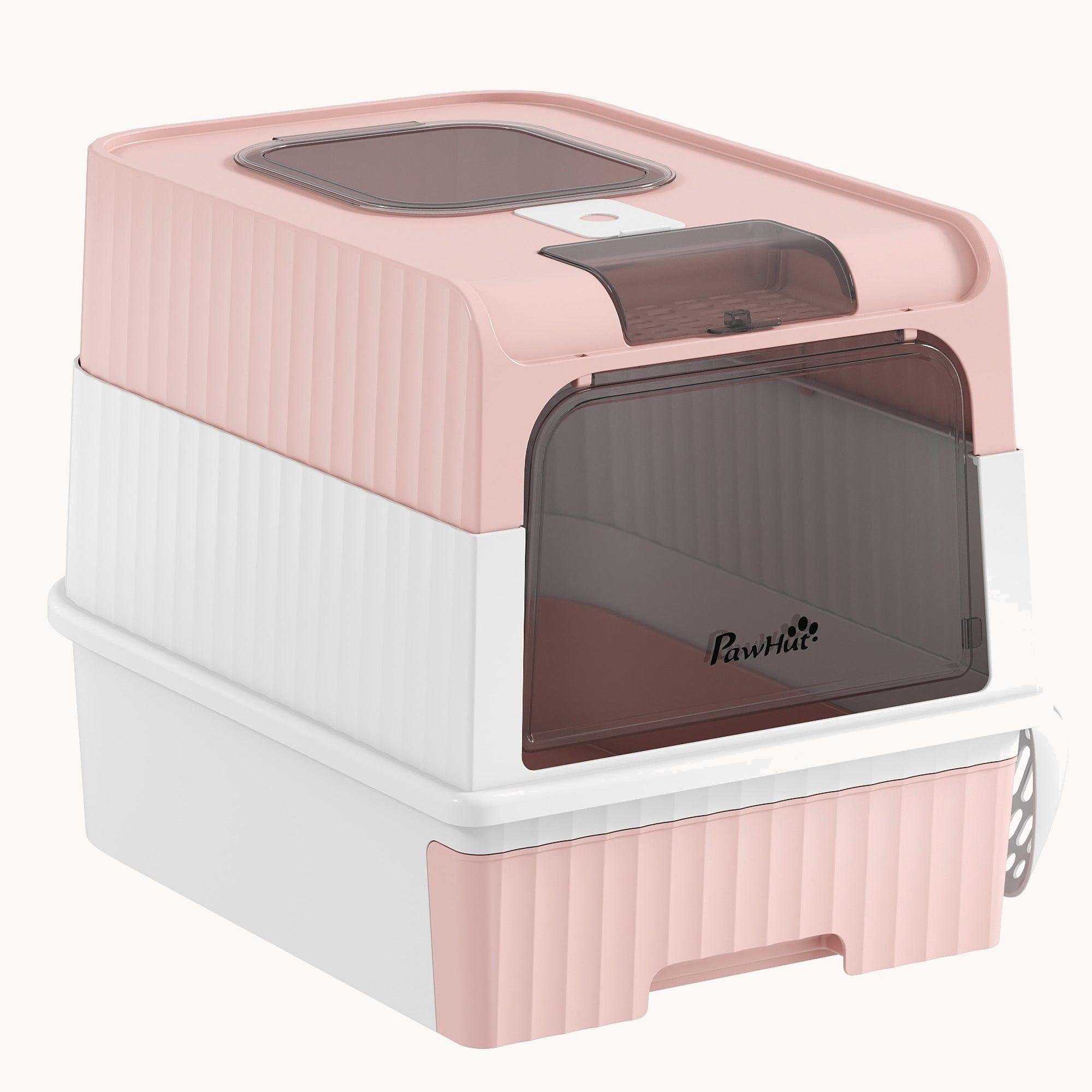 Hooded Cat Litter Box with Drawer, Scoop & Top Exit, Pink