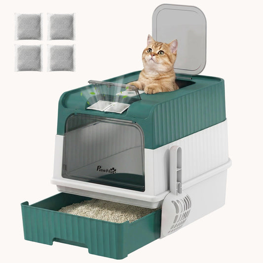 Hooded Cat Litter Box with Drawer, Scoop & Top Exit, Teal