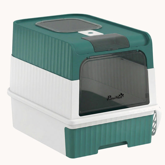 Hooded Cat Litter Box with Drawer, Scoop & Top Exit, Teal