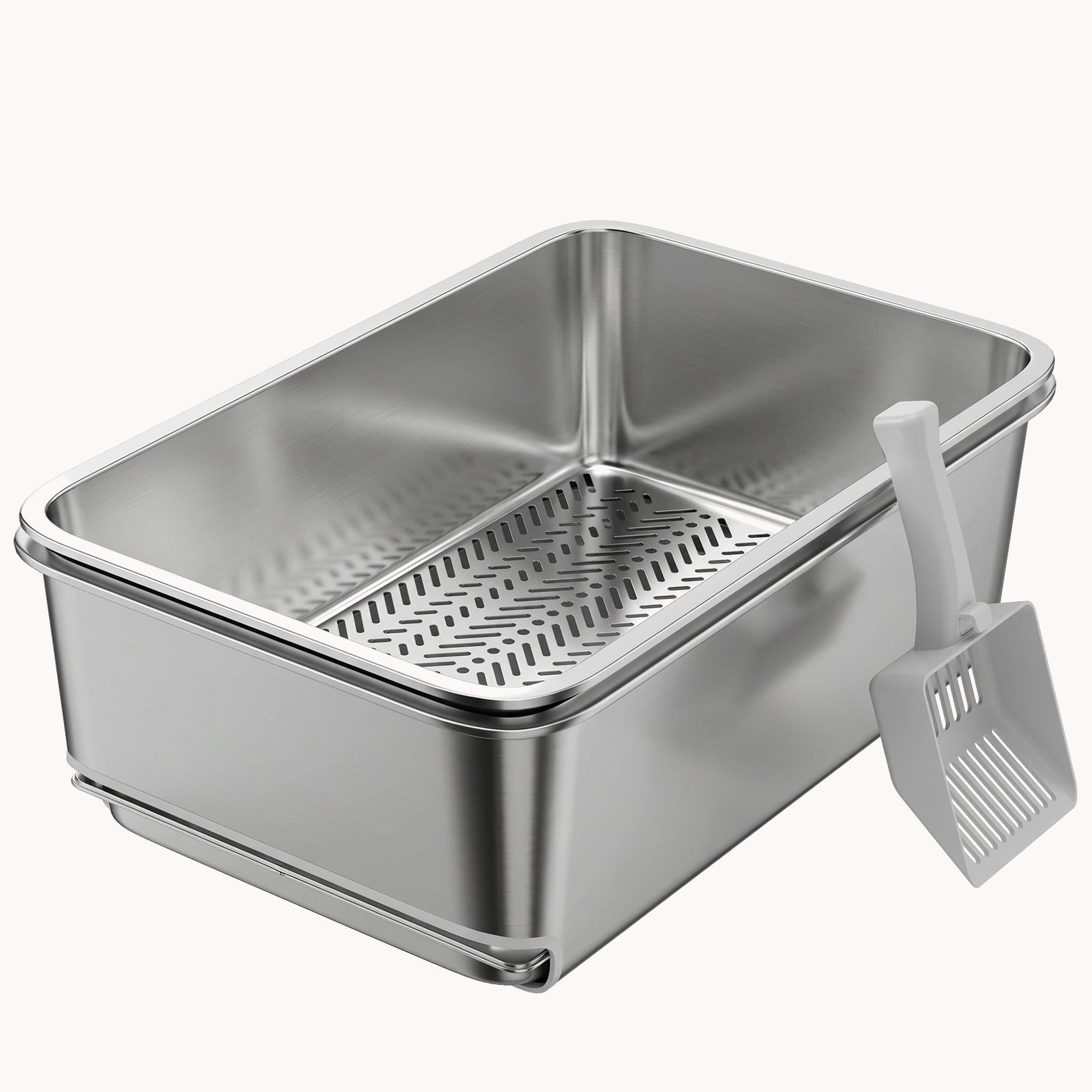 XL Stainless Steel Sifting Cat Litter Box with High Sides Odour Control Silver