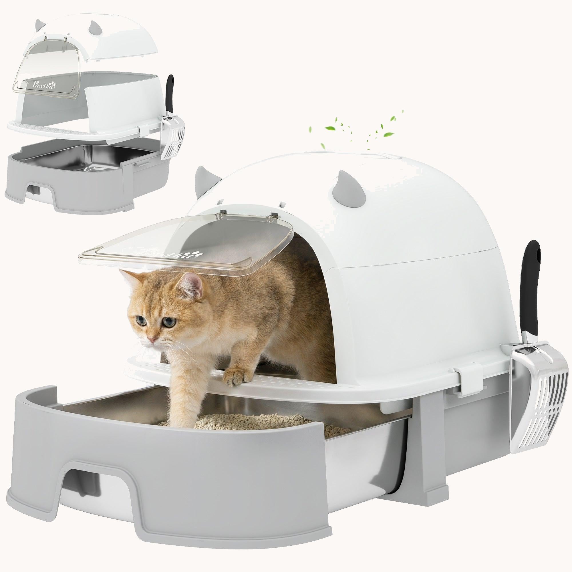Stainless Steel Hooded Cat Litter Box Large Gray Slide-Out Tray & Carbon Filter