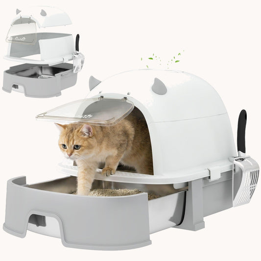 Stainless Steel Hooded Cat Litter Box Large Gray Slide-Out Tray & Carbon Filter