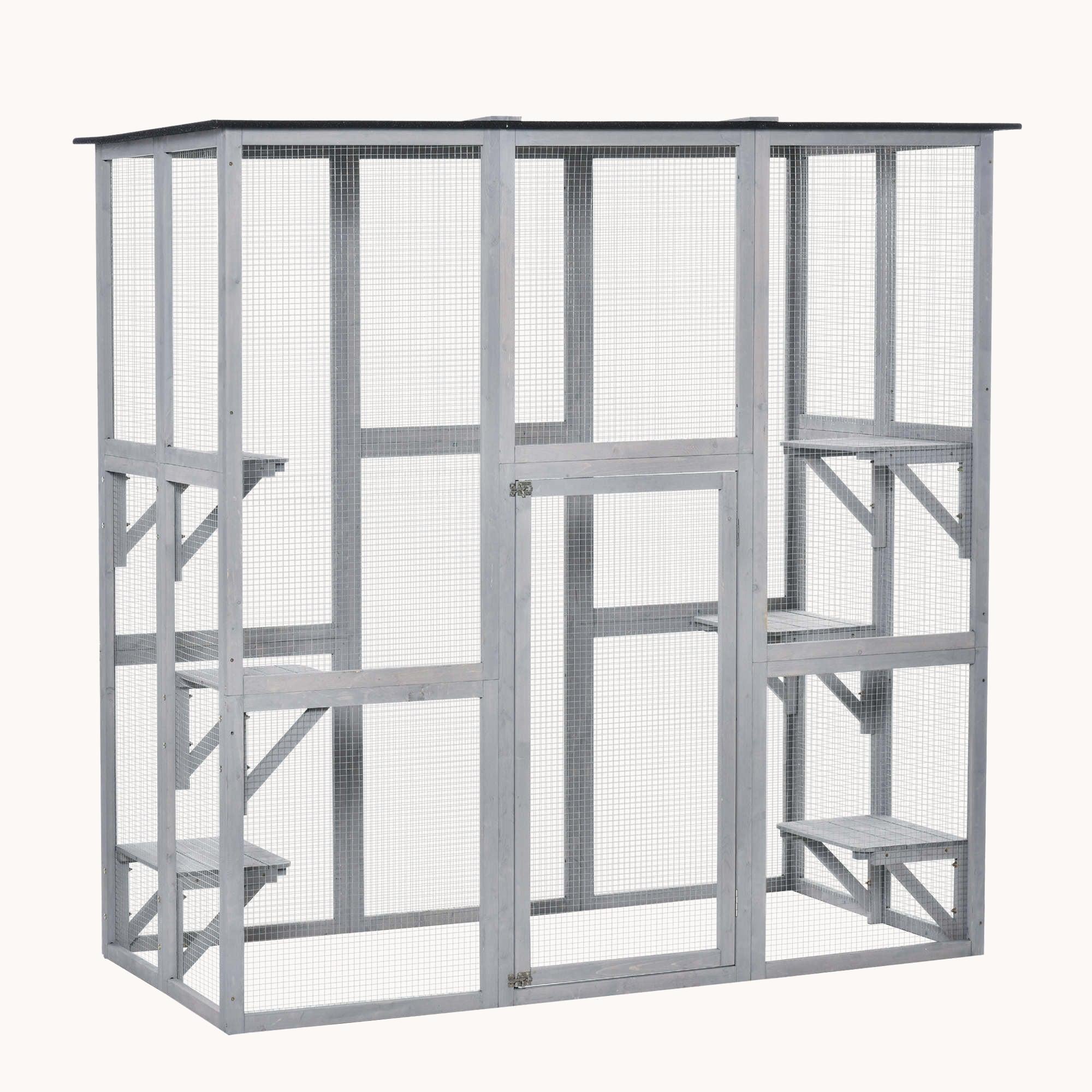 71"L Wooden Outdoor Cat House with 6 High Ledges, Large Interior & Asphalt Roof, Grey