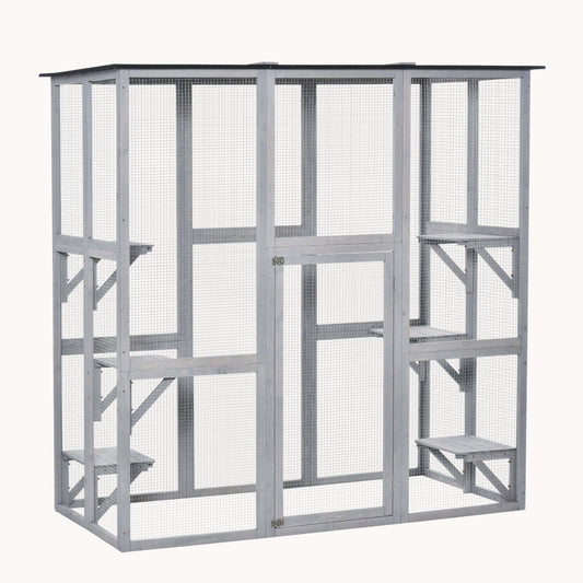71"L Wooden Outdoor Cat House with 6 High Ledges, Large Interior & Asphalt Roof, Grey