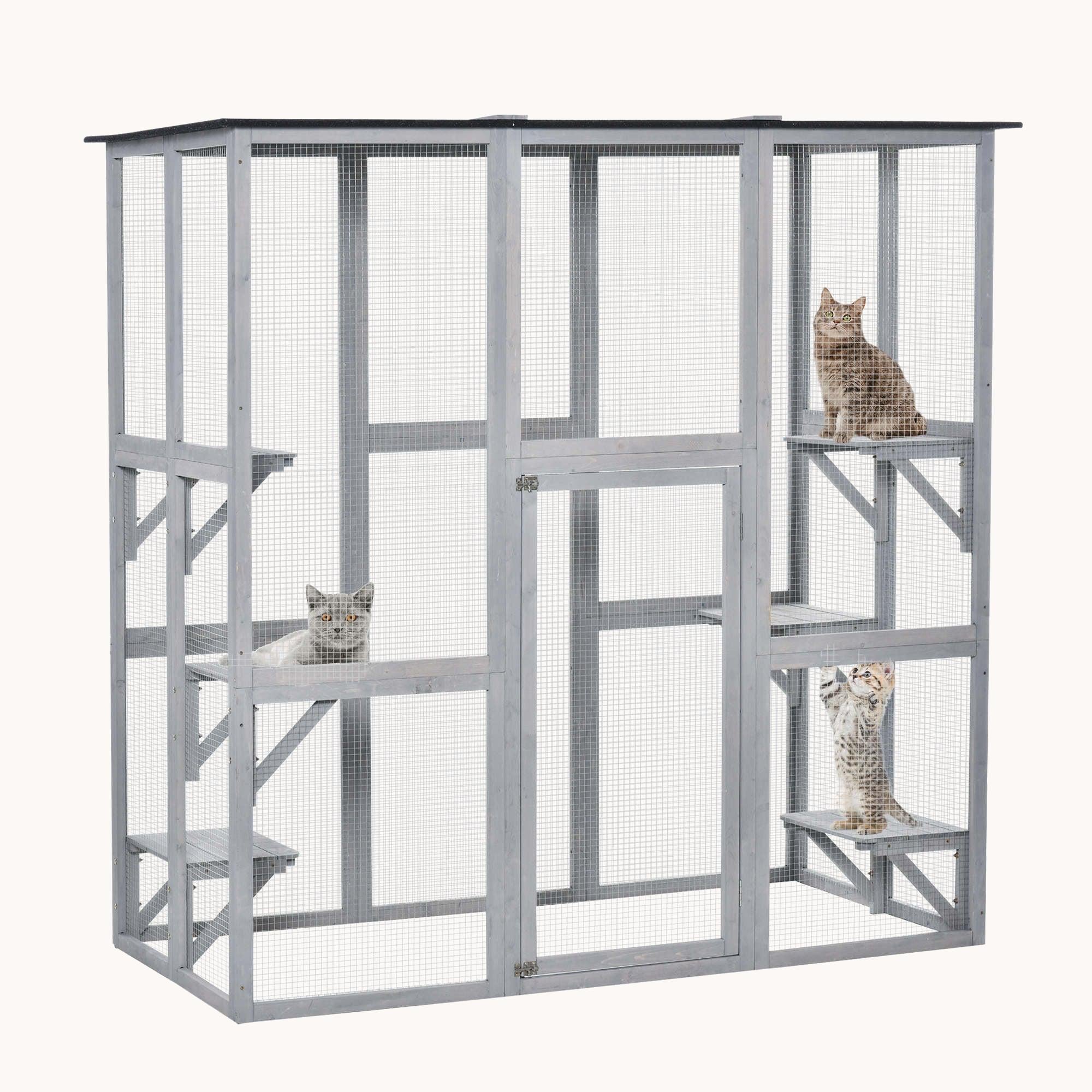 71"L Wooden Outdoor Cat House with 6 High Ledges, Large Interior & Asphalt Roof, Grey
