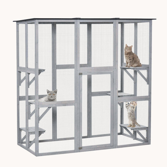 71"L Wooden Outdoor Cat House with 6 High Ledges, Large Interior & Asphalt Roof, Grey