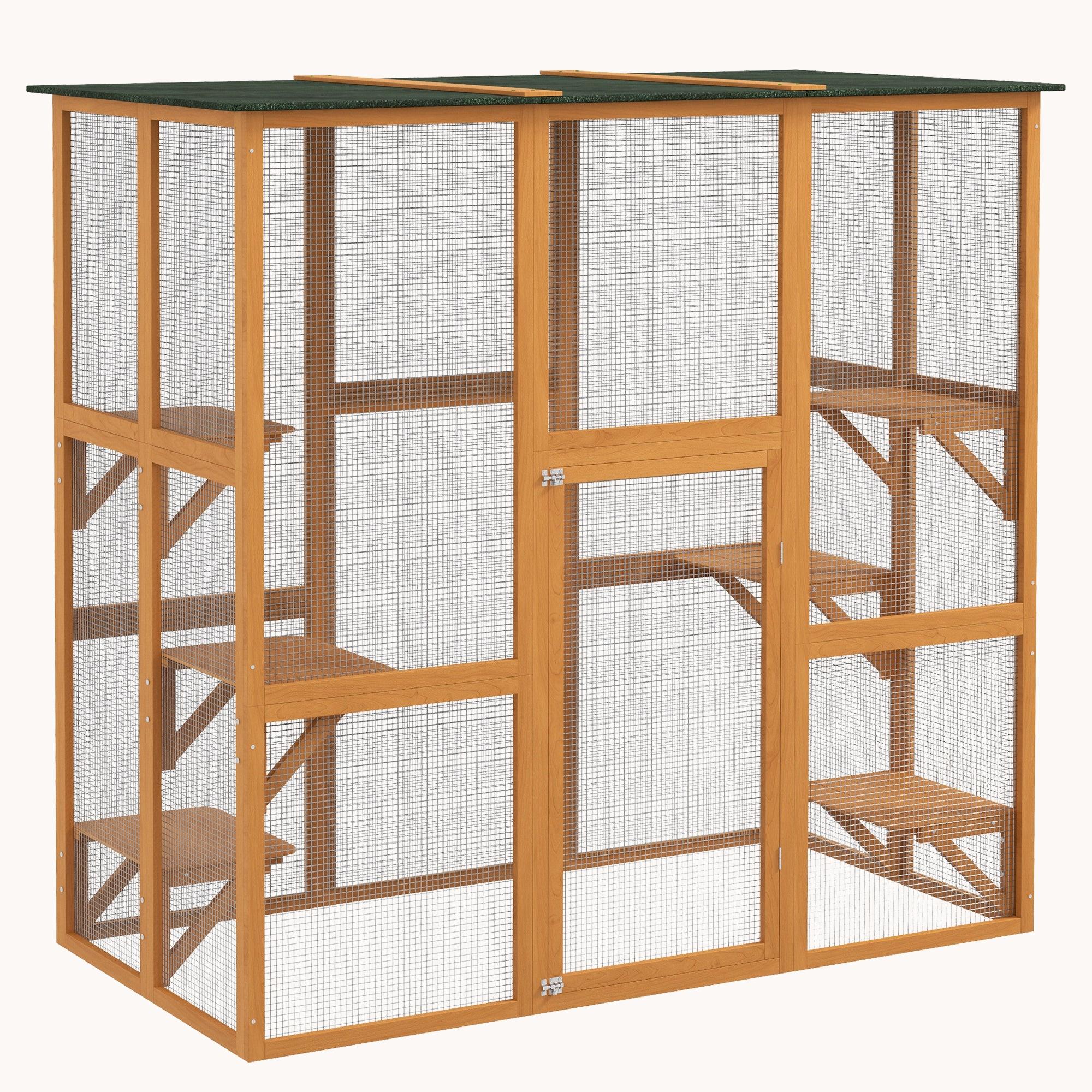 71"L Wooden Outdoor Cat House with 6 High Ledges & Asphalt Roof Orange