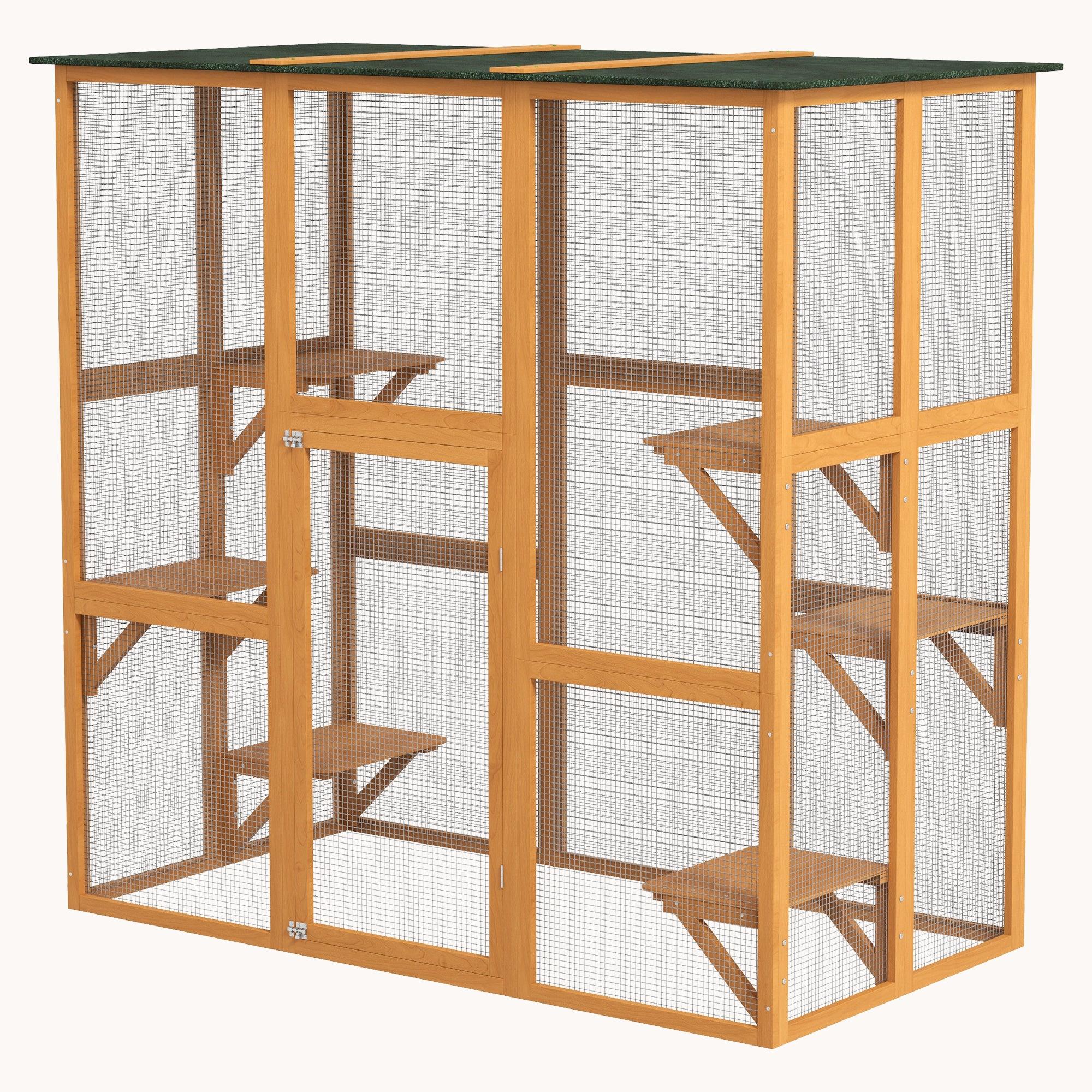 71"L Wooden Outdoor Cat House with 6 High Ledges & Asphalt Roof Orange