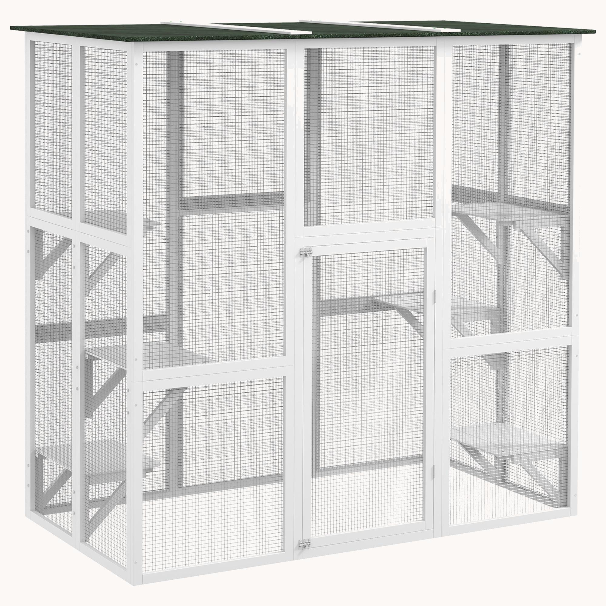 71"L Wooden Outdoor Cat House with 6 High Ledges, Large Interior & Asphalt Roof, White