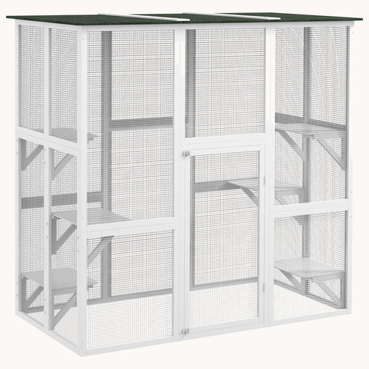 71"L Wooden Outdoor Cat House with 6 High Ledges, Large Interior & Asphalt Roof, White