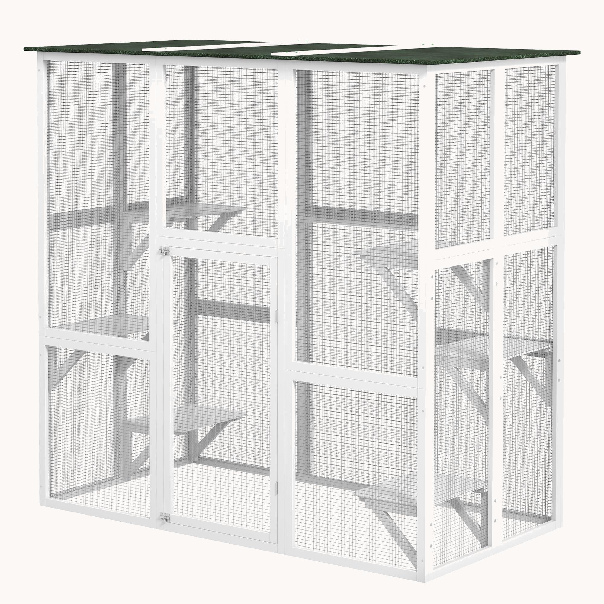 71"L Wooden Outdoor Cat House with 6 High Ledges, Large Interior & Asphalt Roof, White