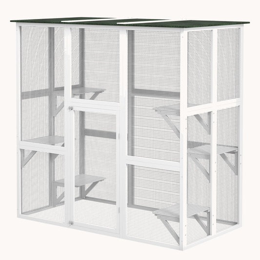 71"L Wooden Outdoor Cat House with 6 High Ledges, Large Interior & Asphalt Roof, White