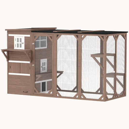 45"H Large Cat Enclosure with 3-Level Design, Weatherproof Roof & Hiding Areas, Brown