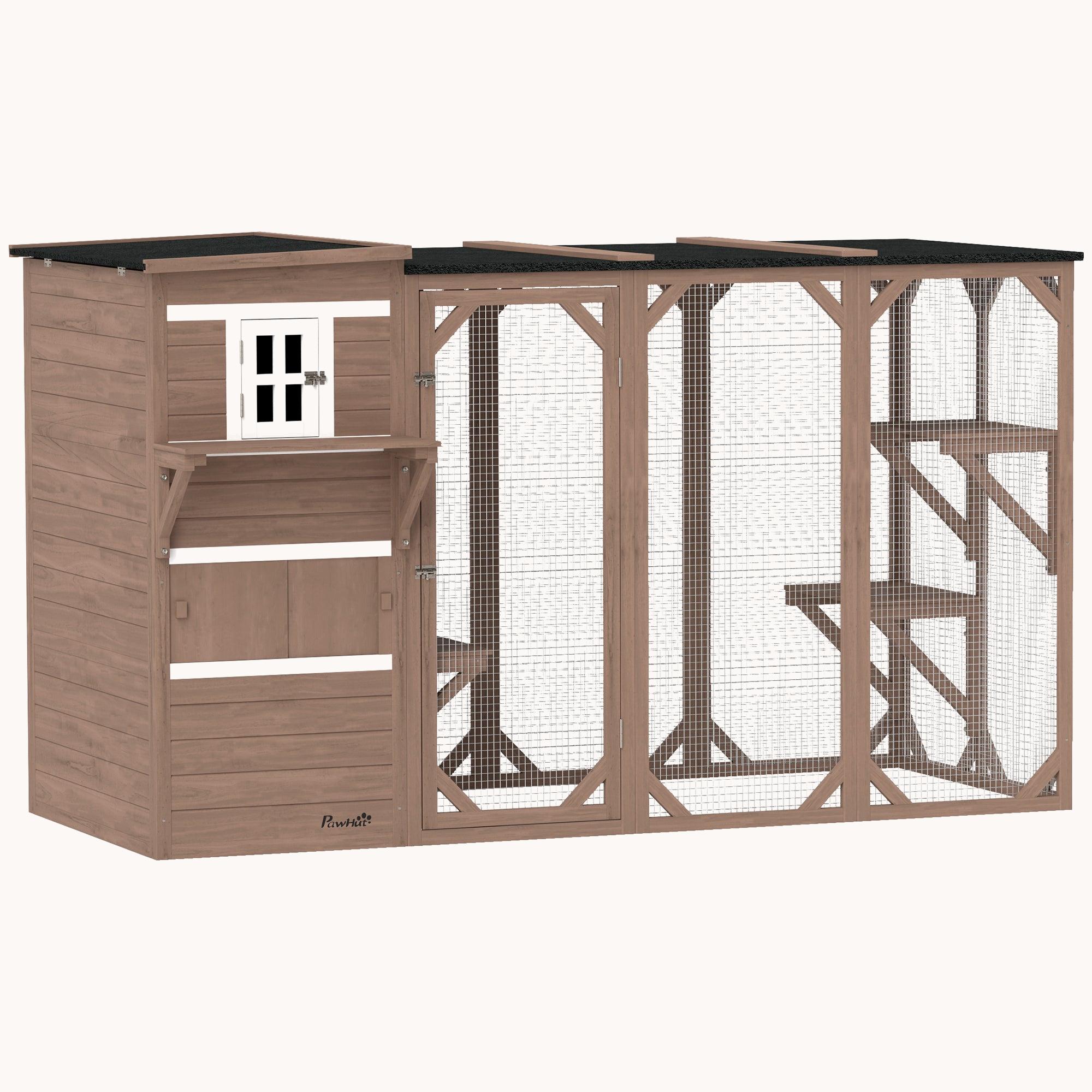 45"H Large Cat Enclosure with 3-Level Design, Weatherproof Roof & Hiding Areas, Brown
