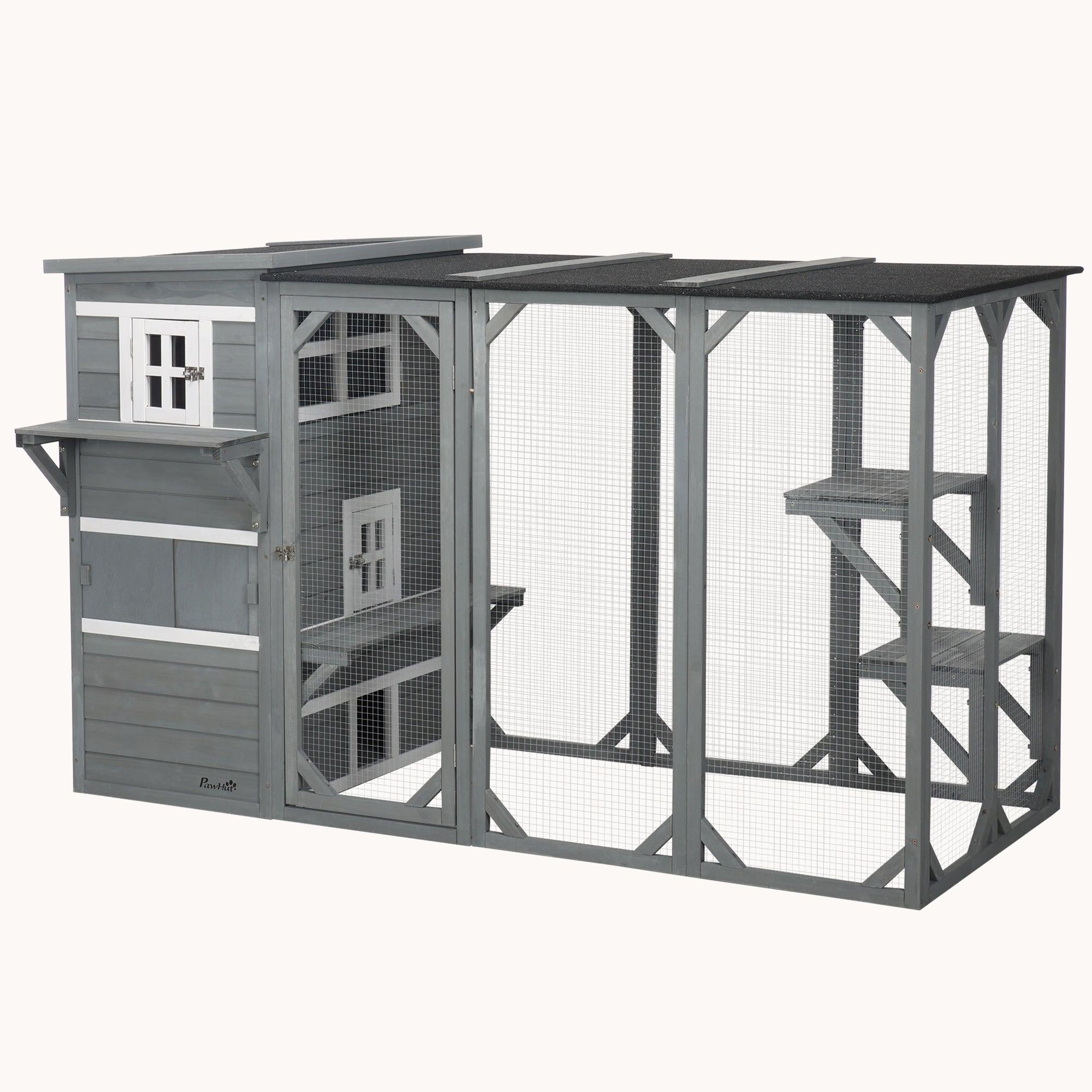 45"H Large Cat Enclosure with 3-Level Design, Weatherproof Roof & Hiding Areas, Gray