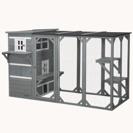 45"H Large Cat Enclosure with 3-Level Design, Weatherproof Roof & Hiding Areas, Gray